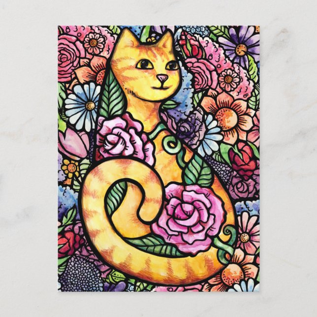 Orange getigerte Katze Blumengarten  Postkarte (Vorderseite)