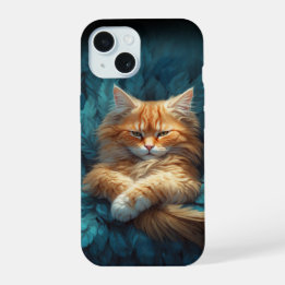 Orange getigerte Katze im Bett aus blauen Federn iPhone 15 Hülle