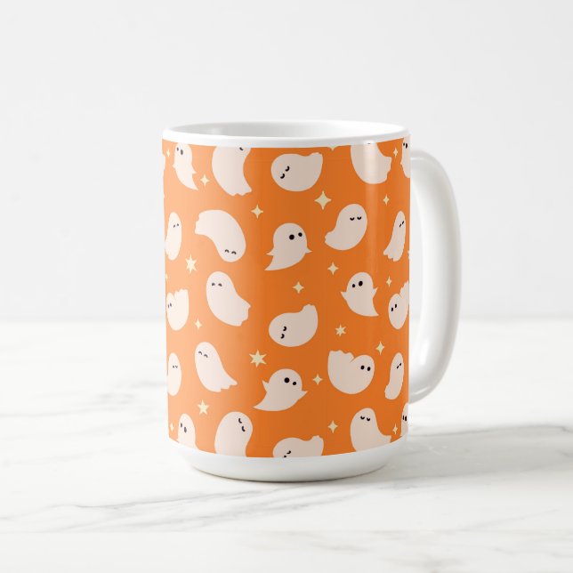 Orange Ghost Doodle Muster Kaffeetasse (VorderseiteRechts)