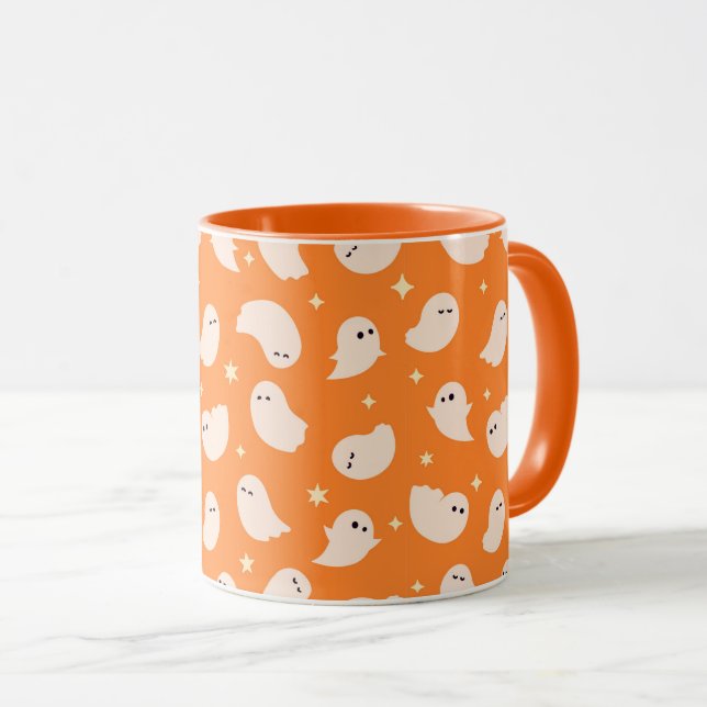 Orange Ghost Doodle Muster Tasse (VorderseiteRechts)