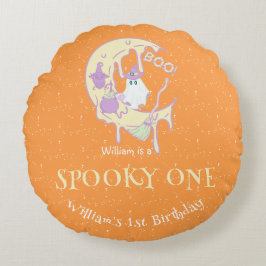 Orange Ghost Spooky One Boy Halloween Geburtstag Rundes Kissen