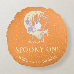 Orange Ghost Spooky One Boy Halloween Geburtstag Rundes Kissen