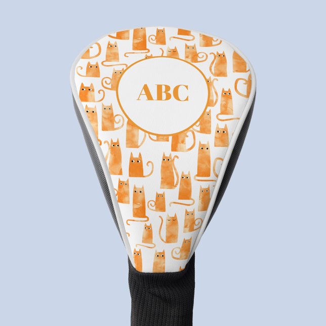 Orange Ginger Cat Monogram Intials Personalized Golf Headcover (Fun watercolor orange ginger cat pattern monogram initials personalized golf head cover)