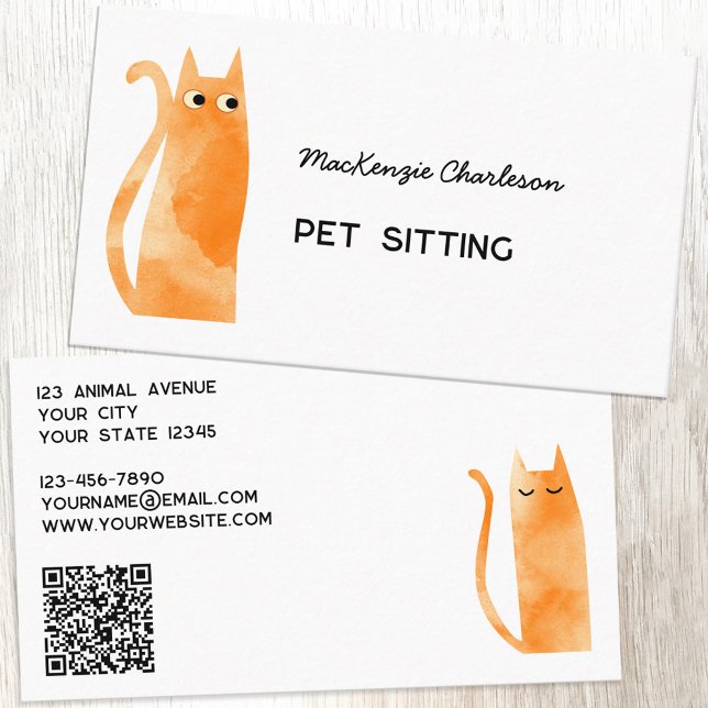 Orange Ginger Cat QR Code Pet Services Visitenkarte (Ginger orange cat watercolor custom text QR code pet sitting feeding services business cards)
