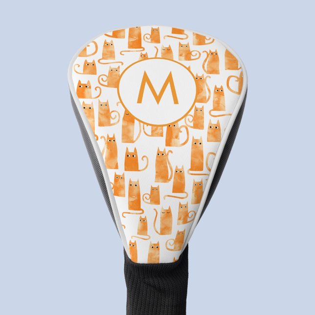 Orange Ginger Cat Watercolor Monogram Golf Headcover (Ginger orange cat watercolor pattern personalized monogram initial golf head cover for animal lovers)