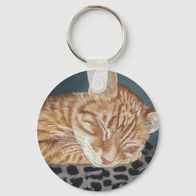 Orange Ginger Tabby Sleeping Cat Malerei Art Schlüsselanhänger (Vorderseite)