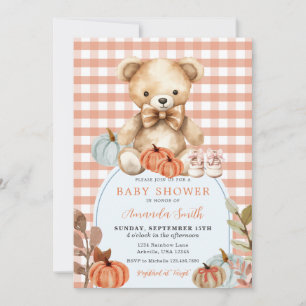 Orange Gingham Bear Pumpkin Shoes Baby Shower Einladung