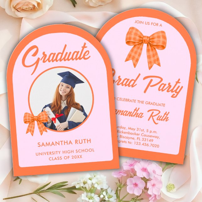 Orange Gingham-Bogen-Foto-Abschlussfeier Einladung (Von Creator hochgeladen)