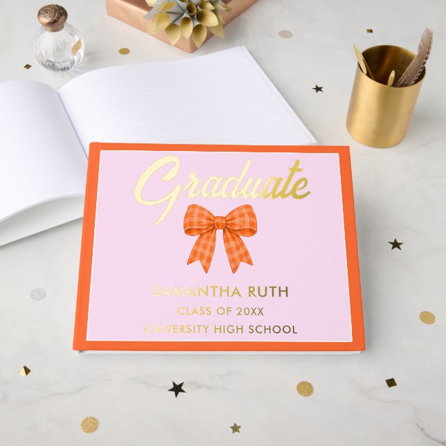 Orange Gingham Bow Graduation Party Gästebuch (Vorderseite offen)