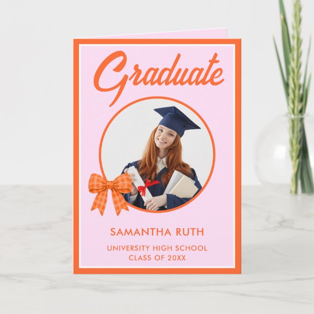 Orange Gingham Bow Photo Graduation  Karte (Vorderseite)