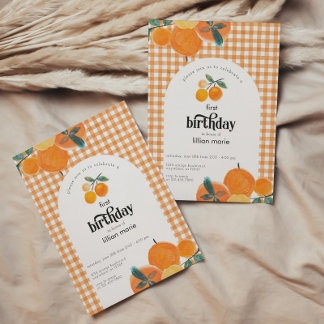 Orange Gingham Citrus Birthday Einladung