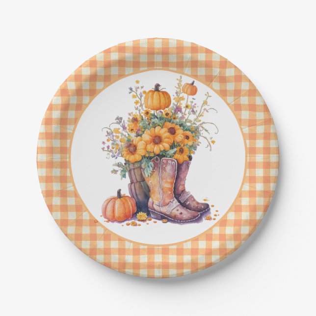 Orange Gingham Country Floral Fall Pappteller (Vorderseite)