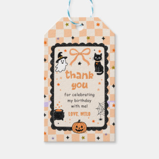 Orange Gingham Halloween Geburtstagsfeier Geschenkanhänger