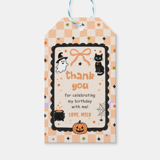 Orange Gingham Halloween Geburtstagsfeier Geschenkanhänger (Vorderseite)