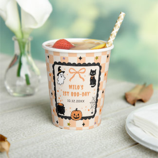 Orange Gingham Halloween Geburtstagsfeier Pappbecher