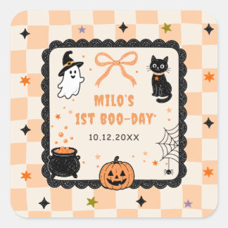 Orange Gingham Halloween Geburtstagsfeier Quadratischer Aufkleber