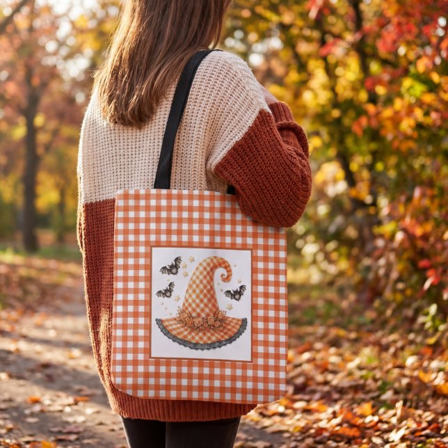 Orange Gingham Halloween Hexenhut & Fledermäuse (Von Creator hochgeladen)