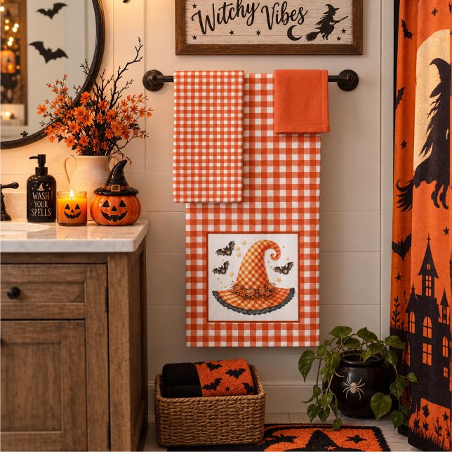 Orange Gingham Halloween Hexenhut & Fledermäuse Badhandtuch Set (Von Creator hochgeladen)