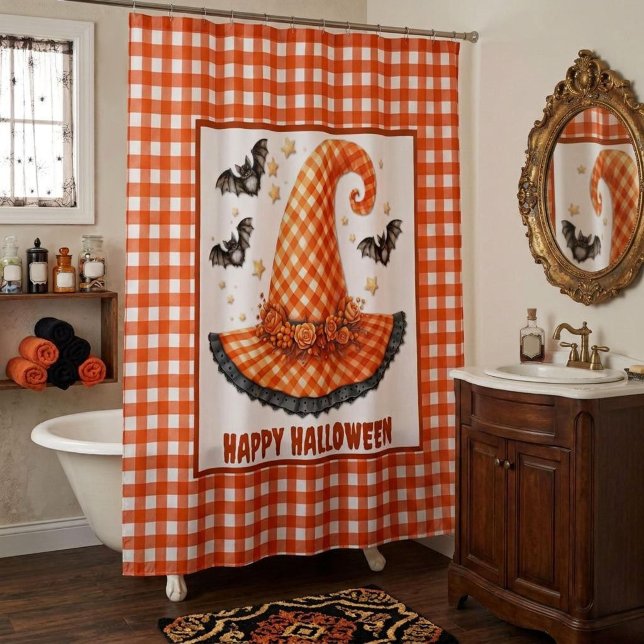 Orange Gingham Halloween Hexenhut & Fledermäuse Duschvorhang (Von Creator hochgeladen)
