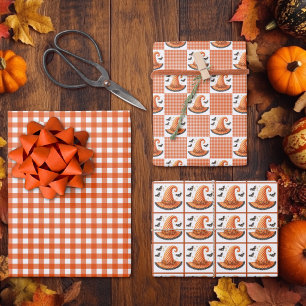 Orange Gingham Halloween Hexenhut & Fledermäuse Geschenkpapier Set