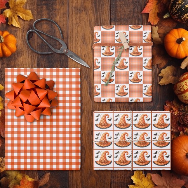 Orange Gingham Halloween Hexenhut & Fledermäuse Geschenkpapier Set (Von Creator hochgeladen)