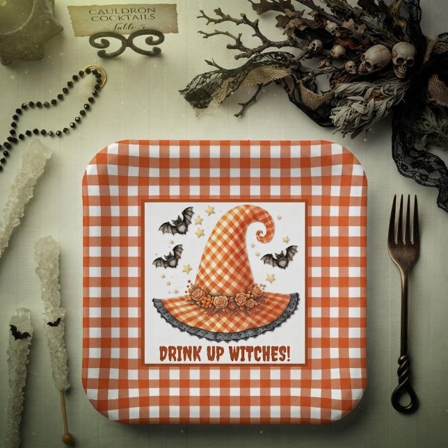 Orange Gingham Halloween Hexenhut & Fledermäuse Pappteller (Von Creator hochgeladen)