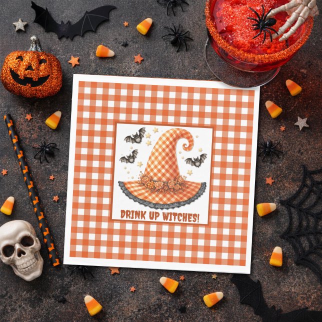 Orange Gingham Halloween Hexenhut & Fledermäuse Serviette (Von Creator hochgeladen)
