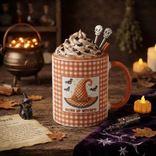 Orange Gingham Halloween Hexenhut & Fledermäuse Tasse
