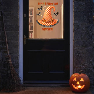 Orange Gingham Halloween Hexenhut und Fledermäuse Fensteraufkleber