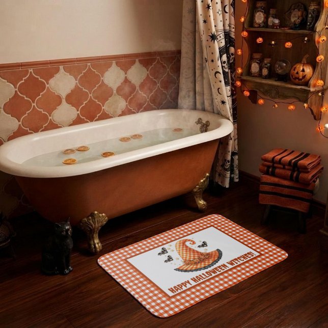Orange Gingham Halloween Hexenhut Willkommen Badematte (Von Creator hochgeladen)