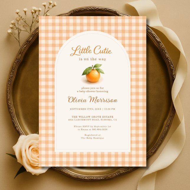 Orange Gingham Little Cutie Baby Shower Einladung (Von Creator hochgeladen)