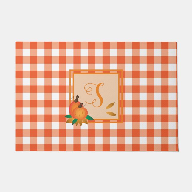 Orange Gingham Pattern Fall Monogram Doormat Fußmatte (Vorderseite)