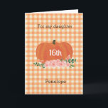 Orange Gingham Pumpkin Fall Birthday Daughter Karte<br><div class="desc">Personalisierte Kürbis Herbst Geburtstagskarte für Tochter. Sie können die Vorderseite dieser orangefarbenen Kürbisgeburtskarte mit ihrem Namen und Alter ganz einfach personalisieren. Die Insider-Kartenmeldung kann auch personalisiert sein, wenn sie gewollt wird, und die Rückseite weist das gleiche orangefarbene Gingham-Muster auf. Bitte sehen Sie alle Fotos. Dieser personalisierte Herbstgeburtstag für die Tochter...</div>
