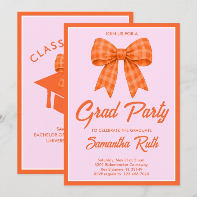 Orange Gingham-Schleife Abschlussfeier Einladung (Vorne/Hinten)