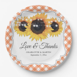 Orange Gingham Sunflower Love and Thanks Wedding Pappteller