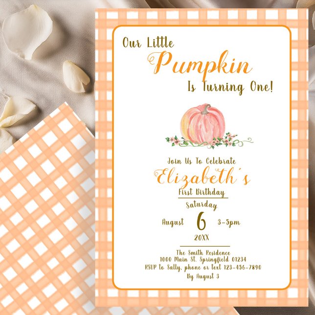 Orange Gingham Unser kleiner Pumpkin erster Geburt Einladung (Von Creator hochgeladen)