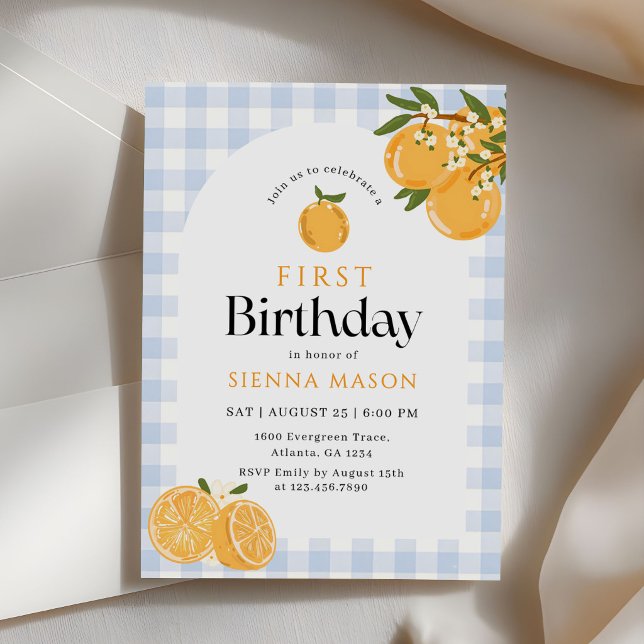 Orange Gingham-Zitrus 1. Geburtstag Einladung (Von Creator hochgeladen)