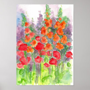 Orange Gladiolas Red Poppy Blume Watercolor Poster