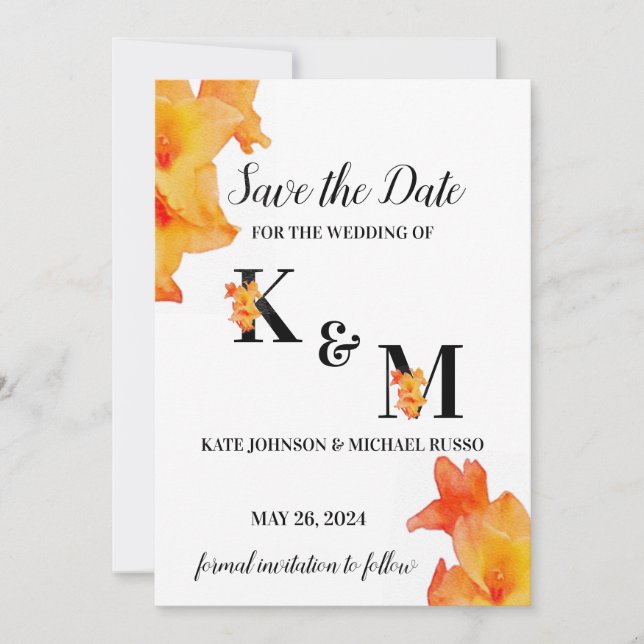 Orange Gladiolus Blume Wasserfarbe Save The Date (Vorderseite)