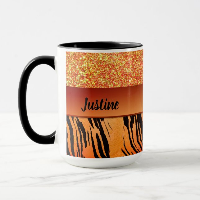 Orange Glam Glitzer Tiger Print Personalisiert Tasse (Links)
