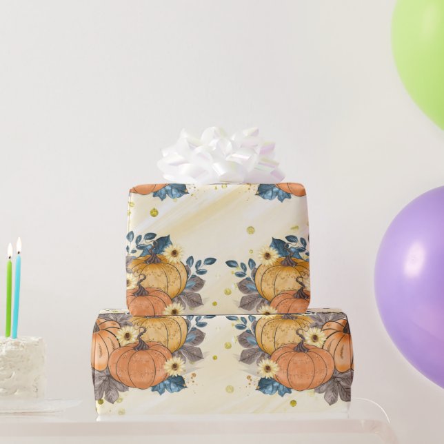 Orange Glittery Pumpkins auf Glittergelb Dank Geschenkpapier (Partygeschenke)