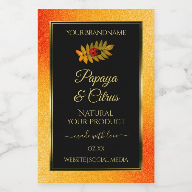 Orange Glitzer Black Product Labels mit Ladybug Lebensmitteletikett (Einzelnes Label)