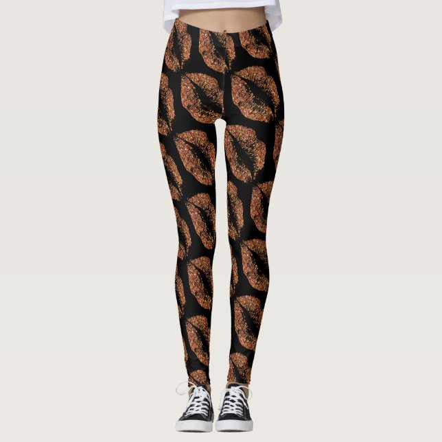 Orange Glitzer Lips Modern Black Leggings (Vorderseite)