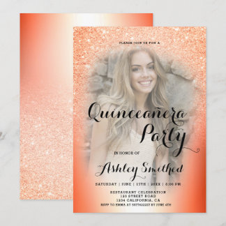 Orange Glitzer ombre Metallisches Foto Quinceañera Einladung