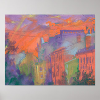 Orange Glow City Sunset Landschaft Pastellfarben M Poster