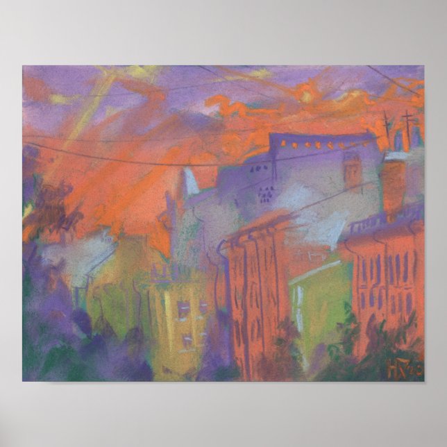 Orange Glow City Sunset Landschaft Pastellfarben M Poster (Vorne)