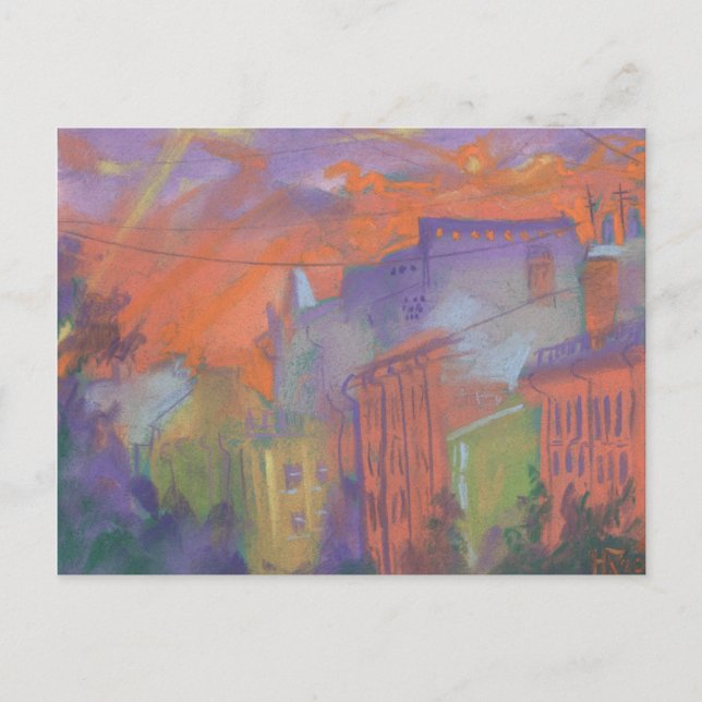 Orange Glow City Sunset Landschaft Pastellfarben M Postkarte (Vorderseite)
