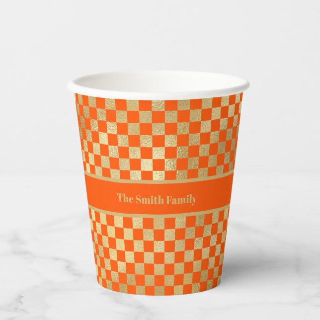 Orange Gold Checked Paper Cup Pappbecher (Vorderseite)