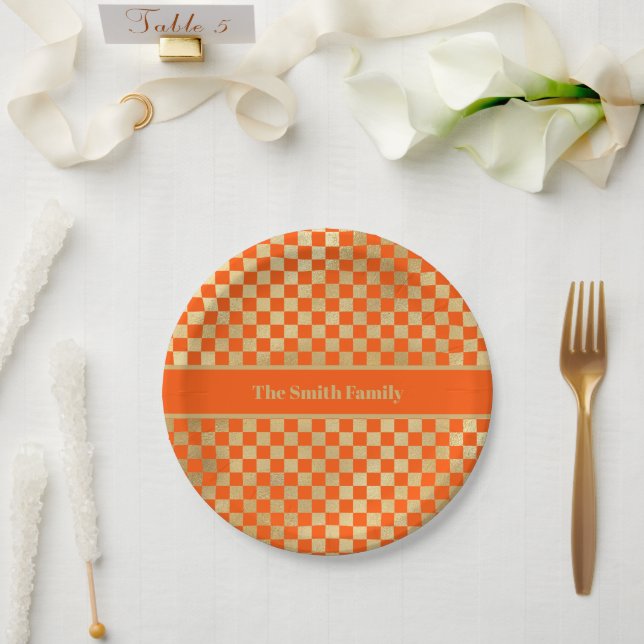 Orange Gold Checkered Paper Plate Pappteller (Hochzeit)