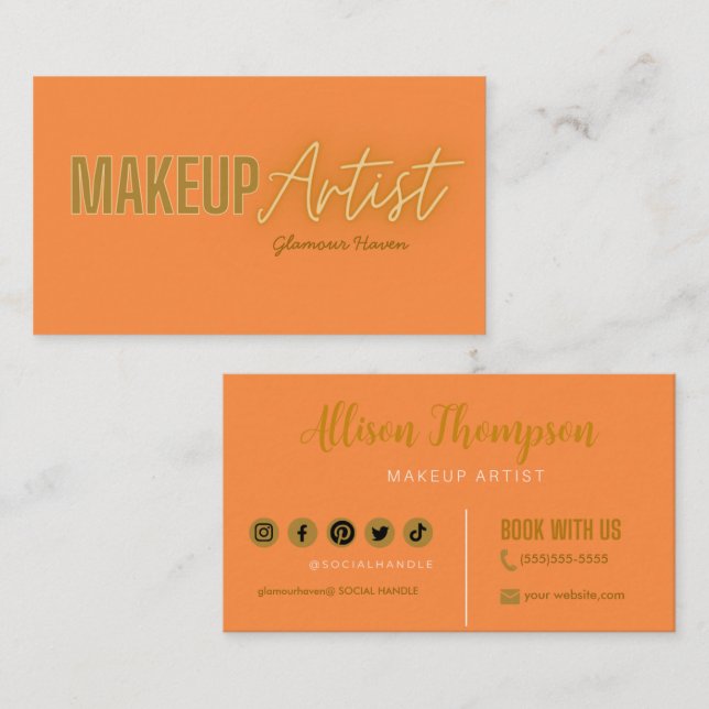 Orange Gold Elegante Makeup Artist Business Cards Visitenkarte (Vorne/Hinten)